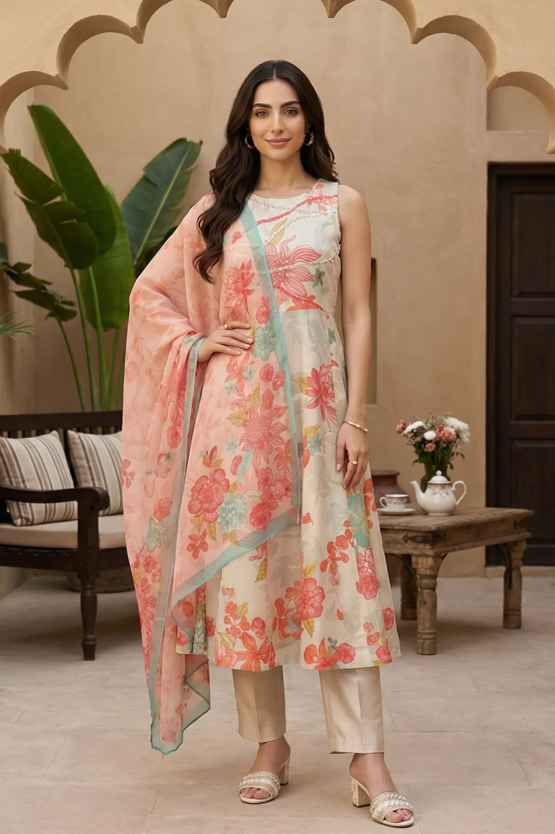 Cream Floral Printed Tissue Crepe Sleeveless Anarkali Kurta with Straight Pants and Dupatta